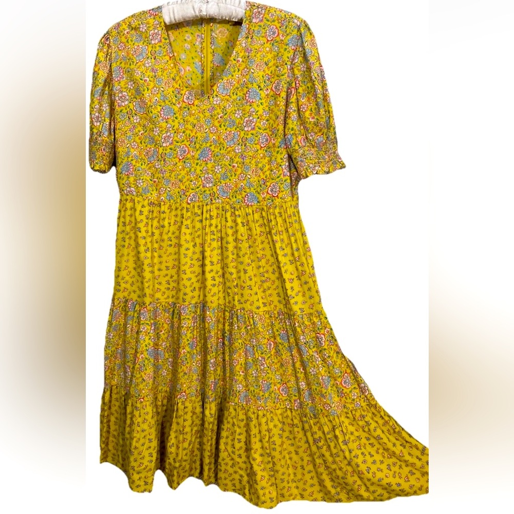 Downeast Dress S Yellow Floral Boho Cottagecore Flowy Rayon Tiered Fairycore